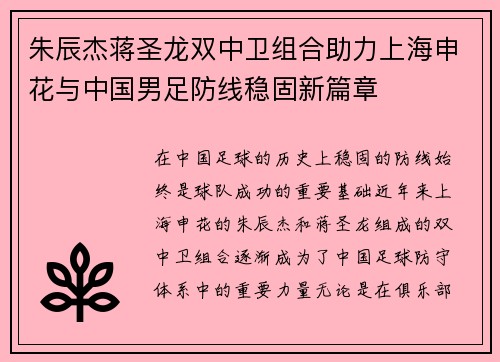 朱辰杰蒋圣龙双中卫组合助力上海申花与中国男足防线稳固新篇章
